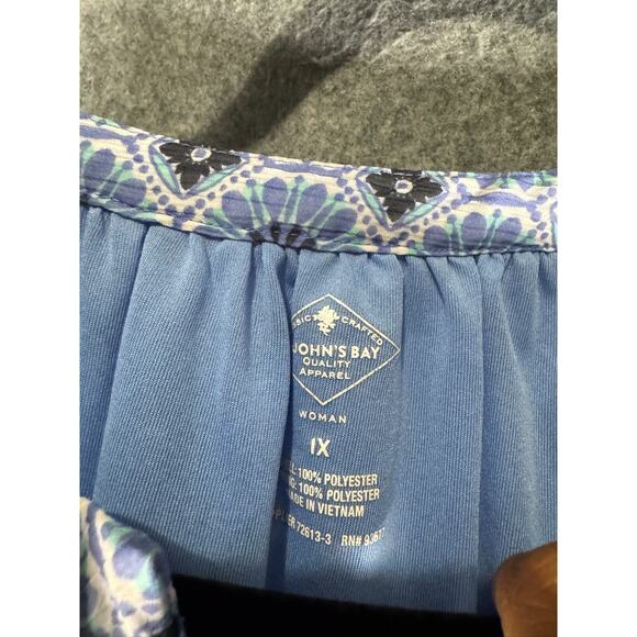 St Johns Bay Blouse Women 1X Blue Short‎ Sleeve Chiffon Boho Smocked Stretch - Picture 2 of 6